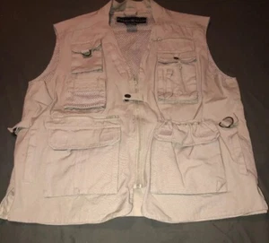 Vtg STREAM & FIELD Mens Photograph Fishing Vest Beige Khaki Sz Large 21 Pockets - Picture 1 of 8