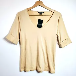 Lauren Ralph Lauren Womens Size L Cuff Elbow Sleeve V-Neck Top Natural Beige NWT - Picture 1 of 11