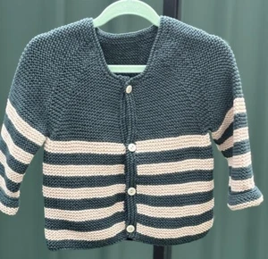 BN - KNITTED - SZ 2 - TODDLER GREEN & STONE COTTON STRIPED CARDIGAN - Picture 1 of 5