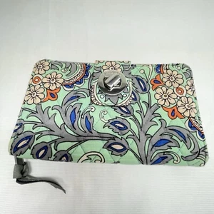 VERA BRADLEY Fan Flowers Aqua Gray Blue RFID Zipper Turn Lock 7.5" X 5" Wallet - Picture 1 of 13