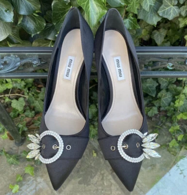 New! MIU MIU Classic Black Satin Kitten Heels With Crystal Brooch Size IT 38.5 - Image 1 of 4