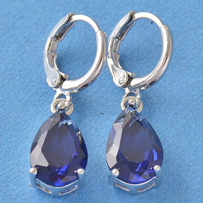 Bonitos Nuevos Pendientes Colgantes Aro Lágrima Forma de Pera Circonita Azul Relleno de Oro Blanco Foto 1 de 3