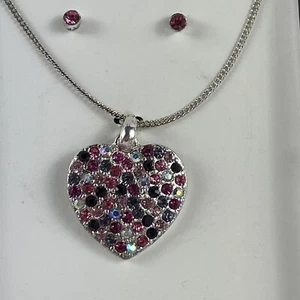 Heart Pendant Necklace And Stud Earrings Set Pink Purple Rhinestones 18” Chain - Picture 1 of 4