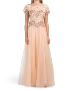 Tadashi Shoji Ruby Sequin Fringe Tulle Gown Evening Maxi Dress Peach Size 6 / S - Picture 1 of 3