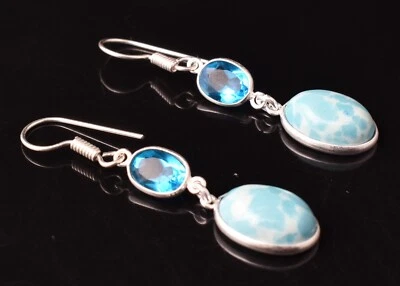 925 Sterling Silver Turquoise Gems Handmade Earrings Baguette Drops Her Gift ES - Image 1 of 4