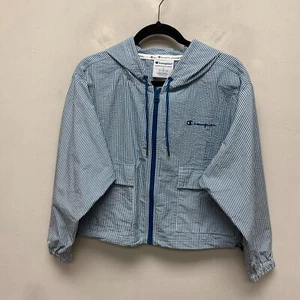 Champion Womens Green White Striped Full Zip Seersucker Hooded Utility Jacket S - Picture 1 of 10