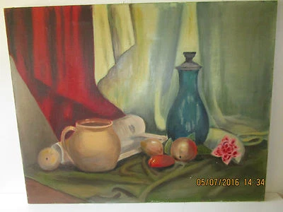Pintura al óleo original vintage de mediados de siglo naturaleza muerta con cerámica y fruta Foto 1 de 4
