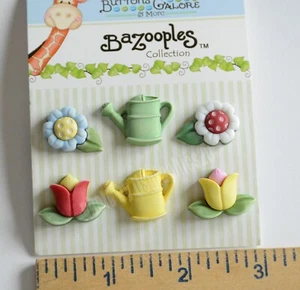 Garden Treasures / Daisy & Tulip Flowers w Watering Cans  / 3D Shank Buttons - Picture 1 of 3