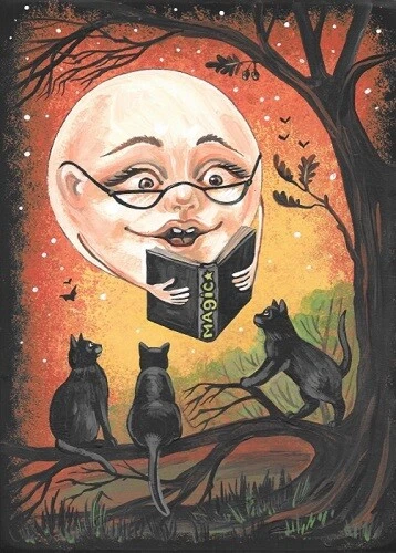 ACEO PRINT OF PAINTING RYTA HALLOWEEN BLACK CAT MAGIC MOON WITCH BATS Folk Art - Image 1 of 1