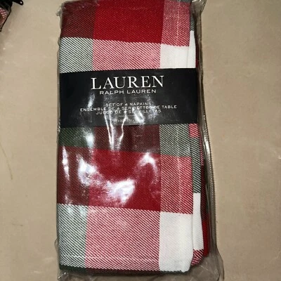 RALPH LAUREN 4pc NAPKINS RED/WHITE/GREEN  CHECK  20” x 20” bnip - Image 1 of 3