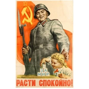NICE Color WW2 Soviet Russian Propaganda Poster Soldier Tell Child Grow in Peace - Picture 1 of 1
