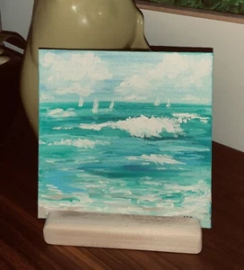 Meereslandschaft Acryl Gemälde auf Leinwand Original 6x6 Küste Strand kleine Sandwolken - Bild 1 von 3
