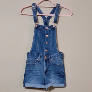 Guess Size 27 Juniors Denim Bibbed Cuffed Short Overalls Blue Jean Copper Button - Picture 1 of 5