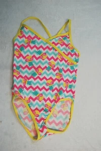 Girls 1 PC SWIMSUIT White Mint Pink Zig Zag PINEAPPLES GLASSES Yellow S 6-6X - Picture 1 of 2