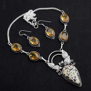 Dalmatian Jasper Citrine Gemstone Necklace+Earring Jewelry Gift 34 Gms AN 83564 - Picture 1 of 1