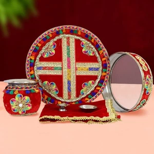 Karwa Chauth Pooja Thali Set Edelstahl Lota, Kalash, Channi Thali Set - Bild 1 von 2