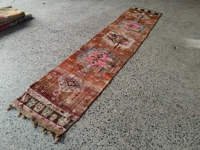 Vintage Turkish Runner Rug 2.6x12.4 ft – Pink Brown Wool, Hand-Knotted 1960s - Image 1 of 4