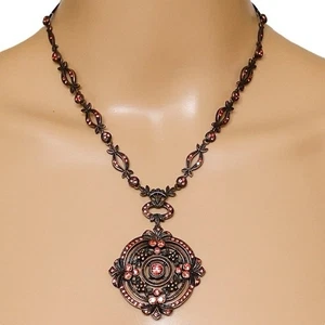 Joan Rivers Victorian Revival Ornate Necklace Antiqued Bronze Peach Rhinestones - Picture 1 of 8