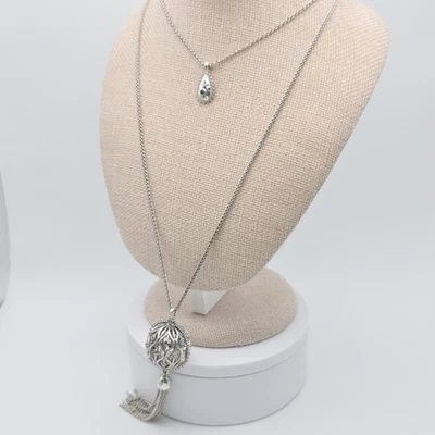 New LUCKY BRAND Globe Necklace Removable Layers Open Pave Marcasite Chain Fringe - Image 1 of 4