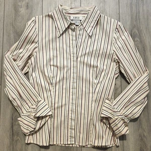 A. BYER SIZE LARGE WOMENS WHITE PINK BEIGE BROWN STRIPE LONG SLEEVE BLOUSE - Picture 1 of 11