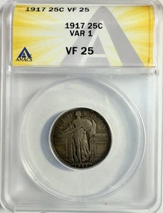 1917 P Type 1 Standing Liberty Quarter - ANACS VF 25 - Just Graded / New Holder - Picture 1 of 4