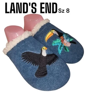 LANDS END Sz 8 Blue Embroidered Toucan Birds Felt Sherpa Lined Slide On Slippers - Picture 1 of 10