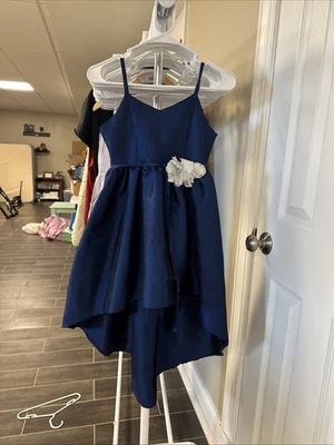 Girls Rare Editions Navy Blue Taffeta Size 10 High Low Dress - Image 1 of 4