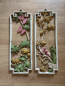 1970s Homco Dart Industries 2 Piece Wall Hanging Birds Butterflies Bamboo - Picture 1 of 5