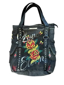 Large Vintage Tote Bag Purse Large Ed Hardy Love Eternal Tattoo Art Studs - Picture 1 of 11