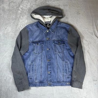 GUESS Hooded Button Moto Denim Jacket Men's 2XL XXL Blue Trucker Hoodie - Image 1 of 4