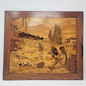 Cuadro colgante vintage de colección de arte popular étnico con incrustaciones de marquetería de madera 15"x17 - Imagen 1 de 15