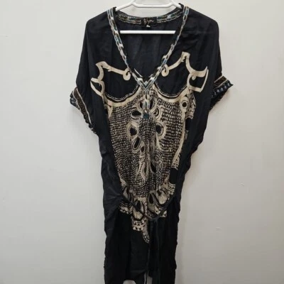 Johnny Was Biya Black Floral Kaftan Short Sleeve Dress Silk Size Small Womens - Image 1 of 4
