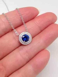 2CT Round Cut Lab-Created Blue Sapphire Halo Pendant 14k White Gold Plated - Picture 1 of 5