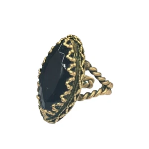 Vintage West Germany Marquis Jet Black Art Glass Twisted Brass Rope Adjustable - Picture 1 of 6