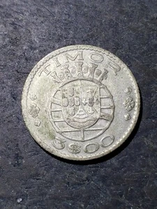 1958 TIMOR PORTUGAL SILVER 3 ESCUDOS SCARCE COIN #666 - Picture 1 of 2