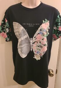 Fresh Laundry Butterfly Blessed Black Floral  Graphic T Shirt  Medium