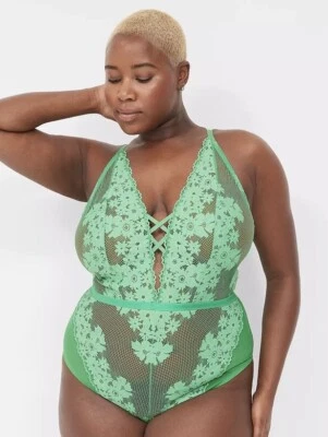 Lane Bryant CACIQUE Fishnet Lace Deep V-Neck Bodysuit KELLY GREEN Plus 14/16 NWT - Image 1 of 3