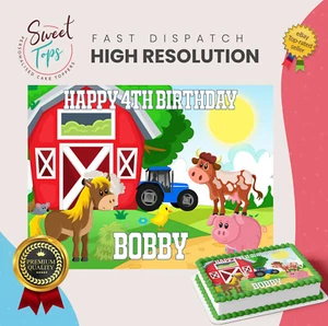 FARMER AND FARM ANIMALS PERSONALISED RECTANGLE EDIBLE BIRTHDAY CAKE TOPPER - Picture 1 of 5