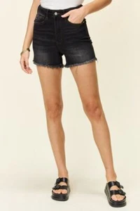 Judy Blue Zara Tummy Control Raw Frayed Hem Black Denim Shorts - Picture 1 of 7