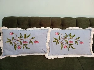 Blue Pillow Cover,Hand Embroidered With Beautiful Roses,Made Of Silk - Picture 1 of 11