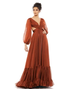 Mac Duggal Women's Pleated Cut Out Long Sleeve Lace Up Tiered Gown Style 67948 N - Picture 1 of 9