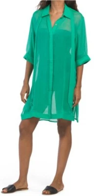 NUEVO CON ETIQUETAS TRINA TURK MEDIUM Sicilia Vestido Camisa Encubierta con Botones con Bufanda Verde $152 Foto 1 de 4