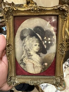 19th ANTIQUE BEAUTIFUL FRENCH MINIATURE PORTRAIT PAINTING HAT LADY BRONZE FRAME - Picture 1 of 5