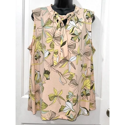 Liz Claiborne Size XL Blush Pink Sleeveless Floral Print Stretch Blouse~Tie Neck - Image 1 of 4