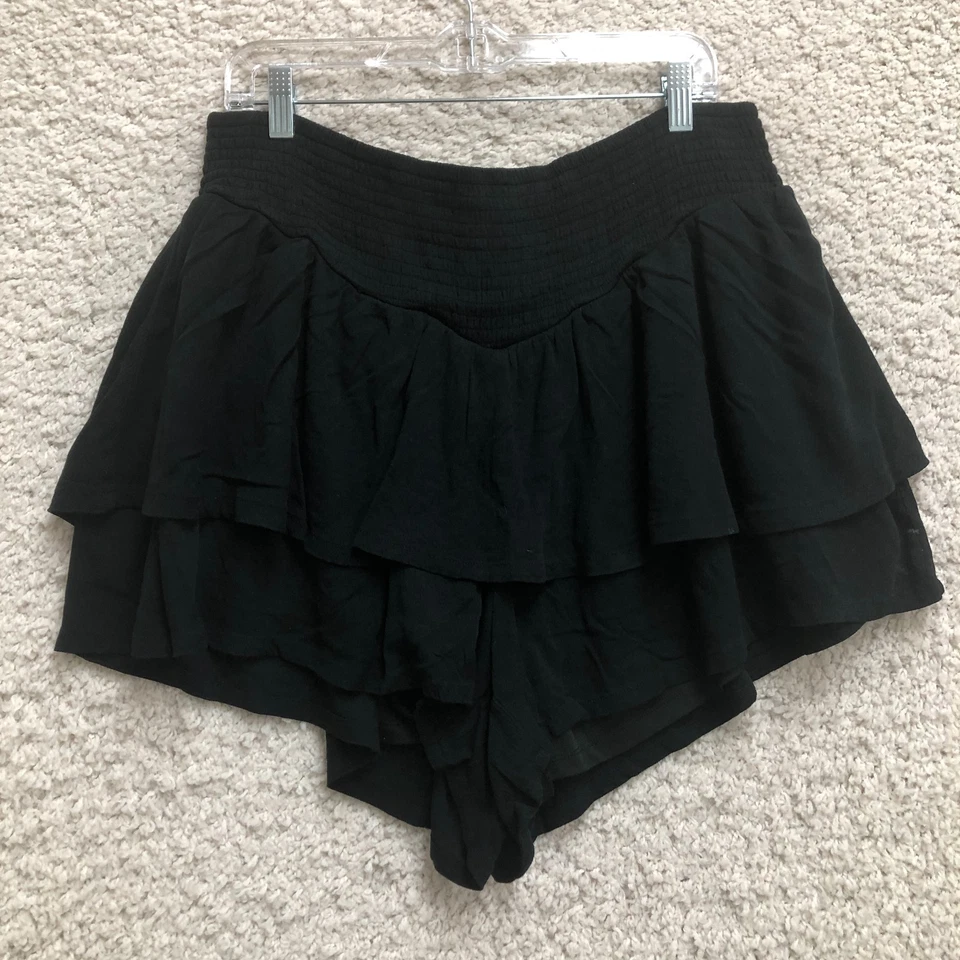 Pantalones Cortos Torrid 2X Para Mujer Plus Negro Pull On Lavable Gasa Calada Volantes Tiro Alto Foto 1 de 4