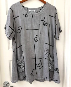 Transparante Women's 100% Flax Linen Gray Black Tunic Pocket Top sz. 1 = Large - Picture 1 of 5