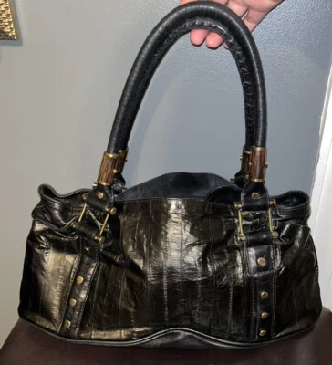 Bolso de hombro vintage R&Y Augousti de cuero de piel de serpiente verde latón muchos bolsillos Foto 1 de 4