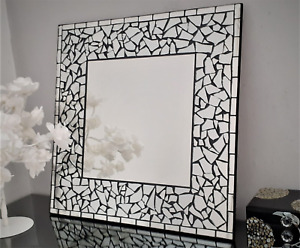 Handmade Mosaic Design Square Wall Mirror Black  Silver Frame Free Style 50cm