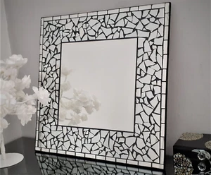 Handmade Mosaic Design Square Wall Mirror Black Silver Frame Free Style 50cm - Picture 1 of 6