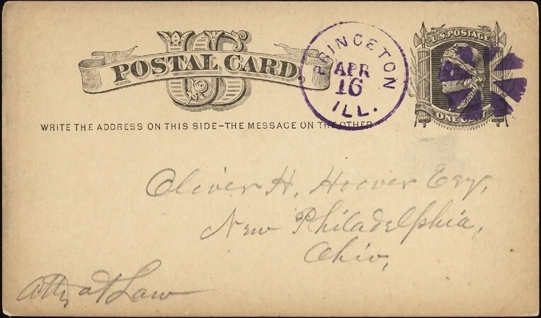 U.S., 1877. Post Card UX5, Princeton "Violet Wedge" - New Philadelphia, OH - Image 1 of 1